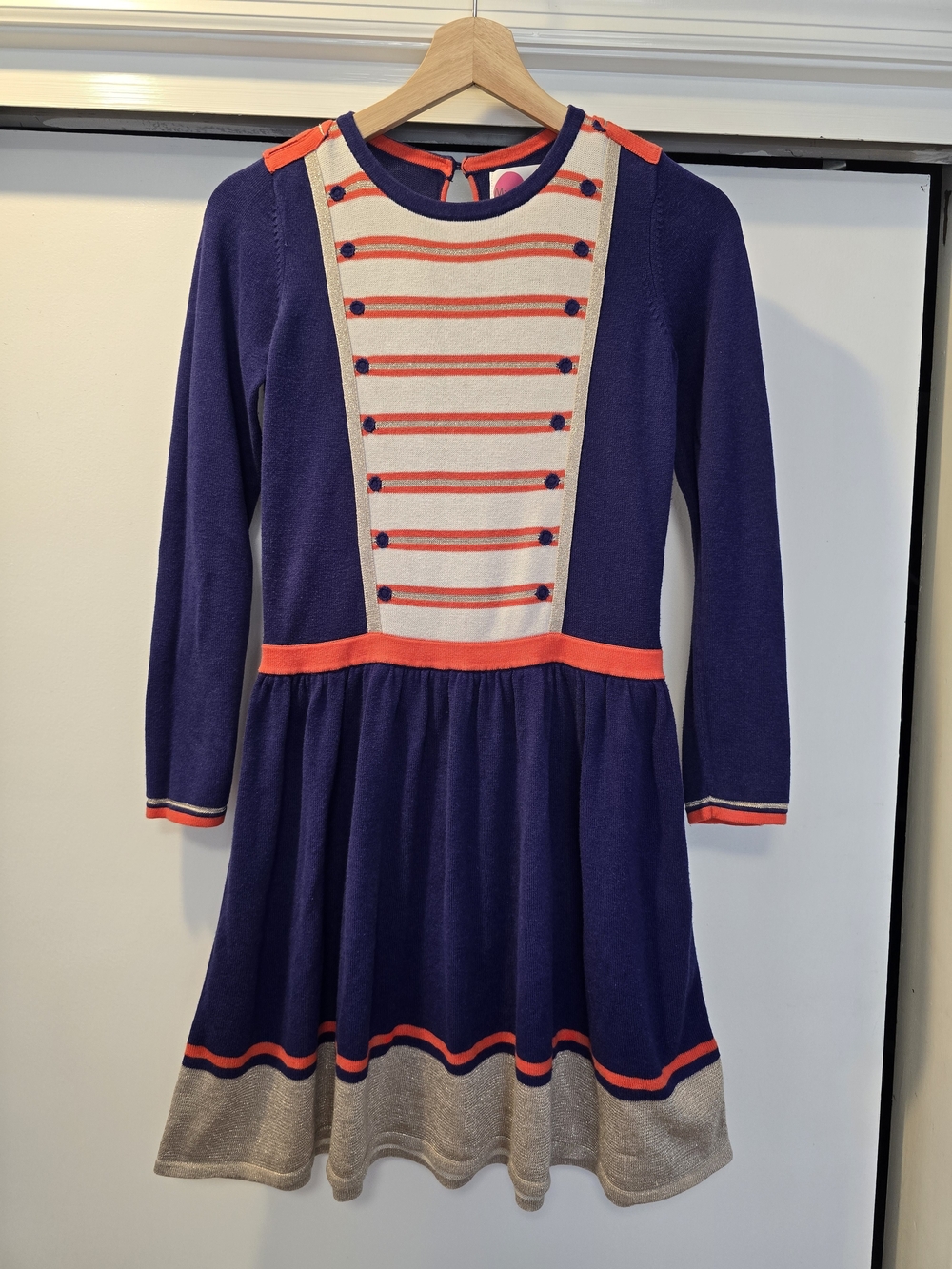 Girls Mini Boden Holiday Nutcracker Gold Navy Knit Dress 11/12